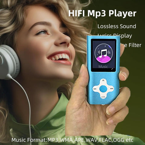 Person enjoying music on a 16GB Portable MP3 Player With Video, Voice Recorder, FM Radio, Ebook Reader, Photo Viewer, blue color
