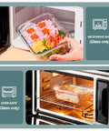 30 Oz Glass Meal Prep Containers Set Of Five With Lids shown in microwave and oven demonstrating safe use
