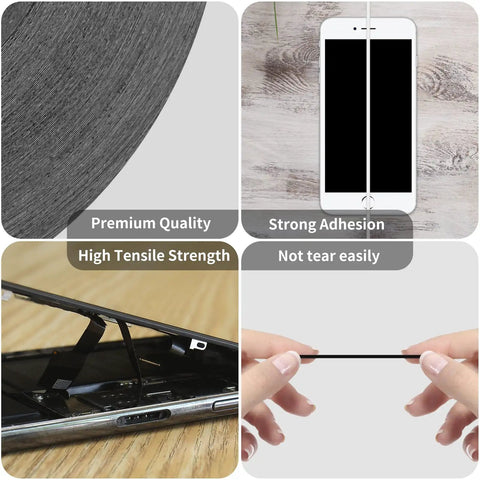 Two And Three Millimeter Wide 50M LCD Repair Tape Adhesive For Phone Screens Includes Handy Tweezers For Cell Phones Tablets Laptops And LCD Displays Waterproof High Tensile Strength Solvent Resistant showing application and strength.
