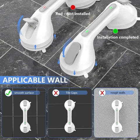 12 Inch Gray Suction Grab Bar With Indicators 2 Pack No Drill Shower Handrail For Bath Tub showing installation on tile wall