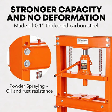 Heavy Duty H Frame Shop Press With 20 Ton Capacity And Adjustable Bench Table solid steel construction showcasing hydraulic pump mechanism.