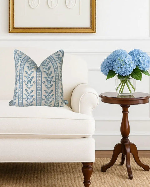 Blue Floral Block Print Pillow Cover With Off White Background, Cozy Throw Pillow Cover For Sofa Or Bed, Grandmillennial Style With Leaf Detail, Subtle Blue Grey Piping, Durable Upholstery Fabric, 20x20