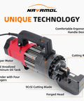 NAYAMOL 1400W Hydraulic Rebar Cutter with ergonomic handle, copper motor, 9CrSi cutting blade and forged head for steel rods.