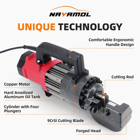 NAYAMOL 1400W Hydraulic Rebar Cutter with ergonomic handle, copper motor, 9CrSi cutting blade and forged head for steel rods.