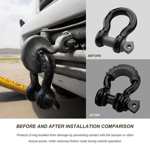 D Ring Shackle Isolators Washers Kit showing before and after installation on vehicle bumper, black rubber cushions visible