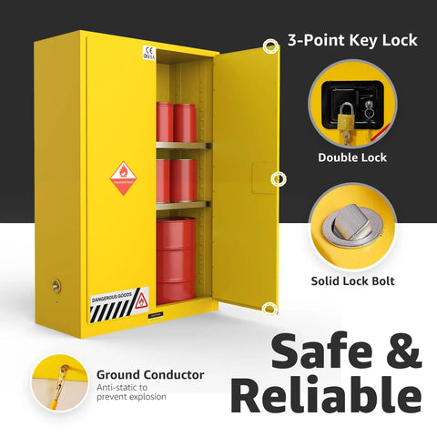 60 Gallon Safety Storage Cabinet With Spill Sump And Vent Ports For Flammable Chemicals Double Door Locking Cabinet Leak Collection Base Heavy Duty Chemical Storage For Lab Or Shop Built Tough For Pros, yellow steel double-door cabinet open with red drums