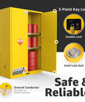60 Gallon Flammable Storage Cabinet 43 By 18 By 65 Inches With Double Doors Vent Ports Grounding Conductor And Spill Containment Sump Garage Ready Safe Lockable Easy Access For Solvents Paints And Fuels, open with drums inside