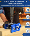 Self Centering Dowel Jig Kit With Drill Guide And 6 Drill Bushings, Pro Grade Doweling Jig For Woodworking being used on wood