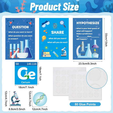 Vibrant Science Posters Bulletin Board Set For Classrooms With 16 Colorful Posters, 10 Cutouts, and 80 Glue Points, product size details.