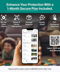 Hand holding phone displaying security app with features like video history and package detection overlayed on family scene