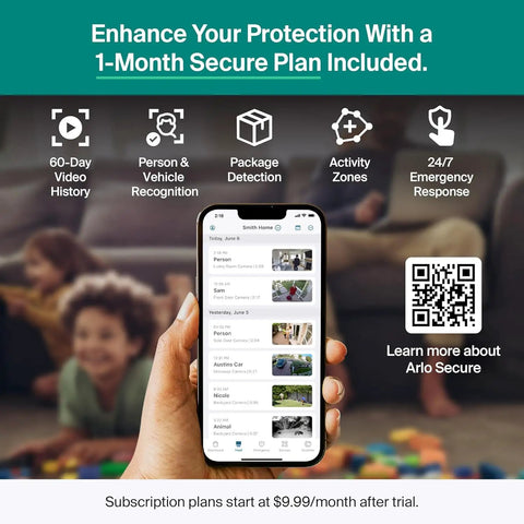 Hand holding phone displaying security app with features like video history and package detection overlayed on family scene