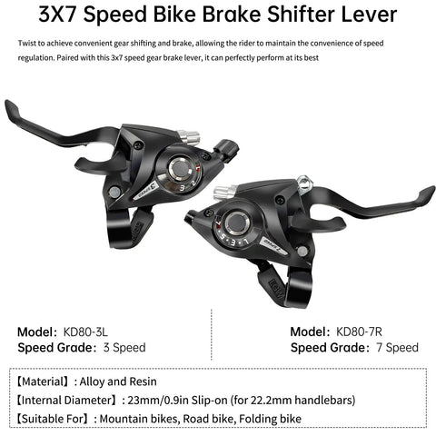 3X7 Speed Bike Brake Shifter Lever in alloy and resin, Model KD80-3L, KD80-7R, 21 Speed Bike Shifter Lever Set With Gear Indicator And Grips.