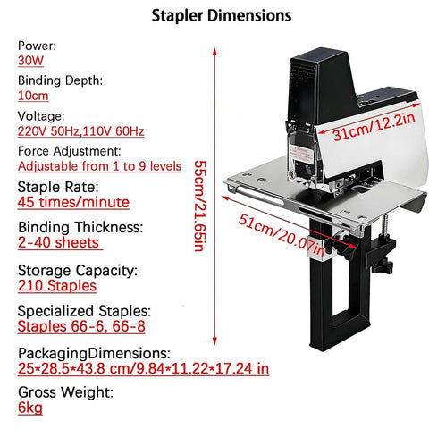 Dimensions of Electric Rapid Stapler For Book Binding With Foot Pedal Switch, showing measurements and key specifications.