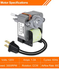 Upgraded Bathroom Exhaust Fan Motor And Blade Kit For Quiet 80 CFM High Airflow Replacement, No Fuss Fix For Worn Motors, compatible with AS50 AS54 AS60 AS70 ASF50 ASLC50 ASLC50FL ASF70 ASLC70, shown with motor specifications and electrical cord.