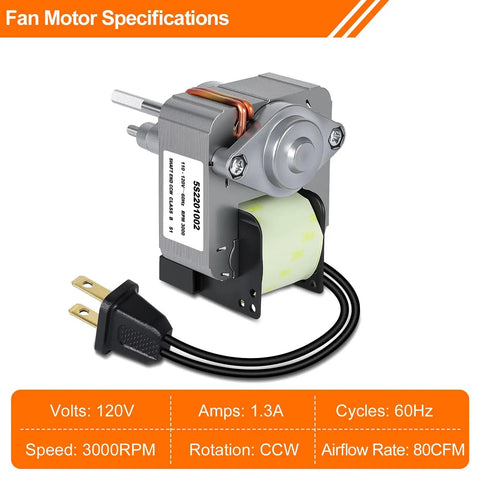 Upgraded Bathroom Exhaust Fan Motor And Blade Kit For Quiet 80 CFM High Airflow Replacement, No Fuss Fix For Worn Motors, compatible with AS50 AS54 AS60 AS70 ASF50 ASLC50 ASLC50FL ASF70 ASLC70, shown with motor specifications and electrical cord.