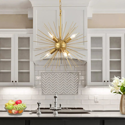 Gold Sputnik Chandelier With Six Lights, Vintage Geometric Pendant Fixture in kitchen, 18 Inch Starburst Firework Design
