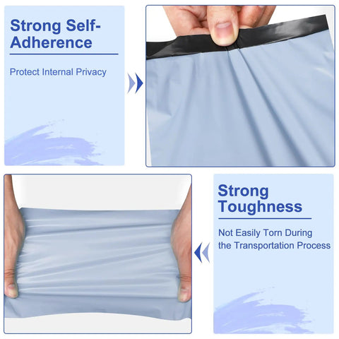 Hands demonstrating Light Blue 6x9 Poly Mailers 120 Pack Self Adhesive Waterproof Tear Proof Shipping Bags With Gray Inner Lining.