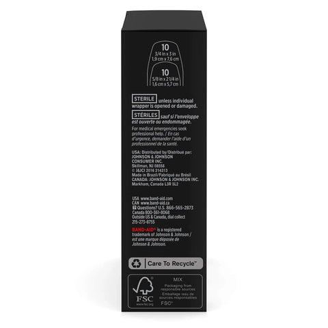 Back of Fun Mickey Mouse Themed Bandage Set packaging showing size details and recycling info, 20 Count Assorted Adhesive Strips.