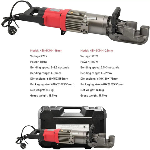 CUTPOY 16Mm Electric Rebar Bender showing 850W machine for bending 4-16mm steel rods, comes with black carrying case.
