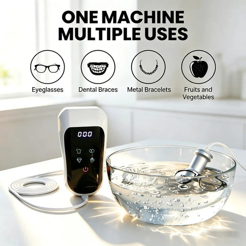 Portable Handheld Ultrasonic Cleaning Probe With Auto Timer And 60Khz Frequency, cleaning eyeglasses and fruits in water.