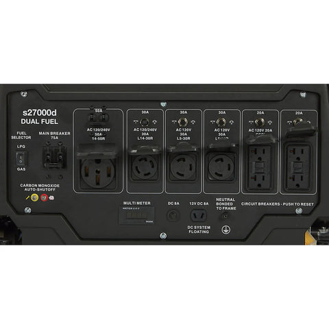 Heavy Duty Portable Generator Serving Up 18000 Running Watts And 27000 Peak Surge Power With Dual Gas Propane Engine back panel with dual fuel switches and outlets.