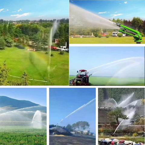 Heavy Duty Farm Irrigation Sprinkler With 360 Degree Spray for wide coverage, various angles in use across farms and fields