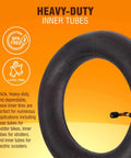 Two Pack 10x2 Replacement Inner Tubes For 10 Inch Wheels 1.95 to 2.125 With Two Levers Beefy Heavy Duty Butyl Rubber BPA Latex Free Fits Kids Bikes Trikes Strollers Scooters shown with BPA and Latex Free icons.