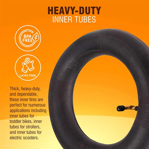 Two Pack 10x2 Replacement Inner Tubes For 10 Inch Wheels 1.95 to 2.125 With Two Levers Beefy Heavy Duty Butyl Rubber BPA Latex Free Fits Kids Bikes Trikes Strollers Scooters shown with BPA and Latex Free icons.