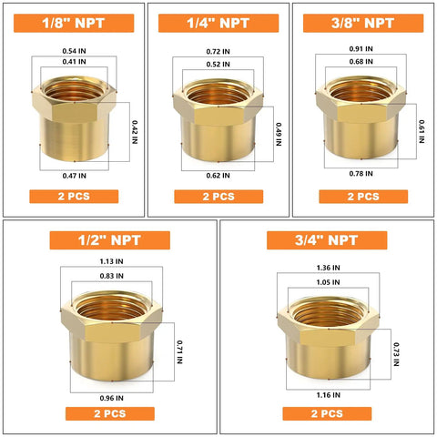 Brass NPT Pipe Cap Set One Eighth Through Three Quarters Inch Female Thread Socket End Caps Plugs Fittings Ten Pieces DIY Friendly
