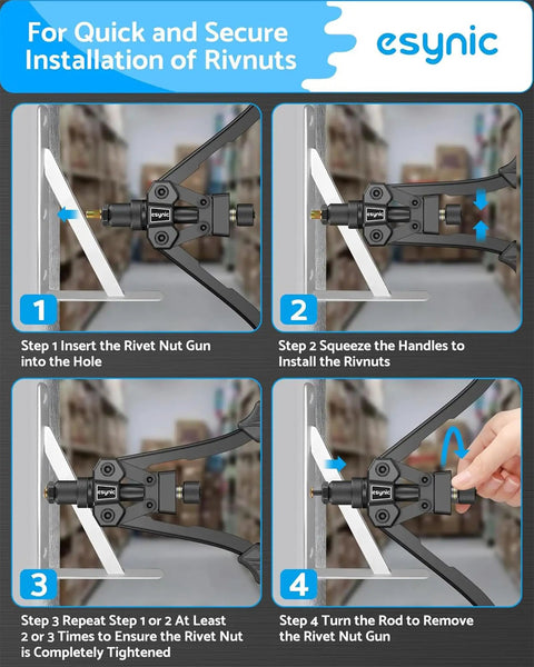 Heavy Duty Rivet Nut Gun Tool Kit With 40% Less Effort And Dual Leverage Design For Fastener Installation Includes Carbon Steel Arms Non Slip Handles plus Eighty Piece Set Of Metric And Sae Mandrels Plus Storage Case. 4-step rivnut install guide