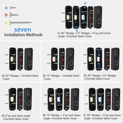 Image showing seven installation methods for Adjustable Doorbell Angle Mount For Blink 1st Gen And REOLINK WiFi Video Doorbell.