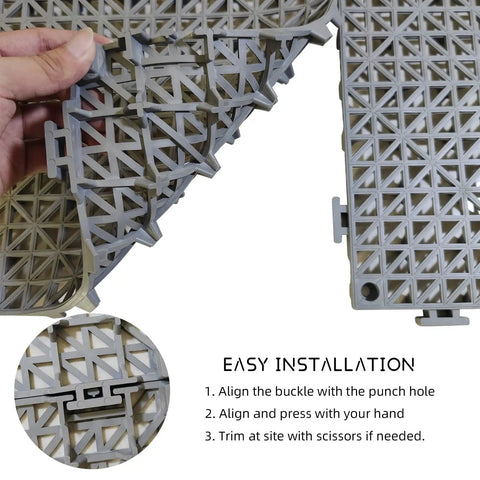 Easy installation of 12 Pack Modular Interlocking Cushion Rubber Floor Mats 11.6 Inch Square Tiles for Pool Deck Patio Balcony.