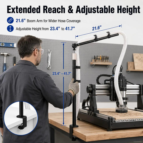 Clamp On Dust Collection Boom Arm With 360 Degree Swivel for woodworking, attached to workbench with adjustable height.