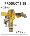 Rock Built Heavy Duty Brass Impact Sprinkler Head with Smooth 0 To 360 Degree Coverage Pattern For Big Time Patio Lawn Irrigation and Zero Drama Hose Hookup All Season, dimensions shown.