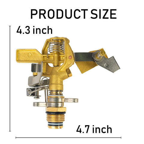 Rock Built Heavy Duty Brass Impact Sprinkler Head with Smooth 0 To 360 Degree Coverage Pattern For Big Time Patio Lawn Irrigation and Zero Drama Hose Hookup All Season, dimensions shown.