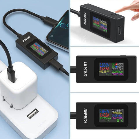 Workhorse All-In-One USB C Power Meter Tester 4-30V 0-6.5A Digital Multimeter showing voltage and current display
