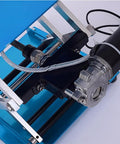 Close-up of Heavy Hitter Electric Lab Lift Stand motor components, showcasing chrome mesh and sturdy frame for 25 Kg loads.