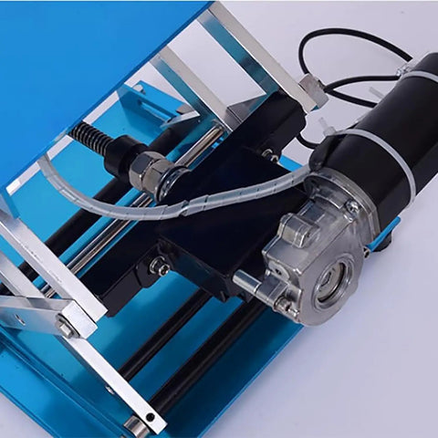 Close-up of Heavy Hitter Electric Lab Lift Stand motor components, showcasing chrome mesh and sturdy frame for 25 Kg loads.