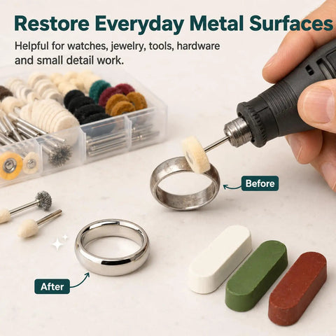 Check out this mega 237-piece Polishing Buffing Wheel Kit Perfect For Watch Jewelry And Metal Work. Comes With Rotary Accessories, Wool Cotton Felt Wheels Plus Extra Buffing Compounds For A Smooth Shine Every Time. Image shows polishing tool, buffing wheels, and polishing compounds.