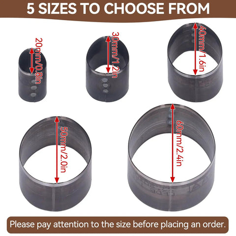 5 sizes of oval hollow punches from the 5 Piece Leather Die Cutting Dies Set, shown with measurements in millimeters and inches.