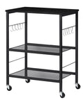 Real Deal Three Tier Rolling Cart With Smooth Ride Wheels For Kitchen Microwave Storage And Flexible Home Organization Boasts A Tough Wood Top And Lots Of Shelves To Toss All Your Gear Away From Clutter In No Time Flat, black steel frame with three shelves and hooks.
