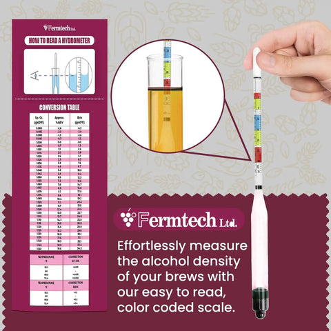 Glass Triple Scale Hydrometer Kit For Testing Specific Gravity Brix And ABV In Wine Beer Mead And Kombucha With Microfiber Cloth And Storage Case Aimed At Homebrew Enthusiasts Of All Skill Levels, color-coded scale