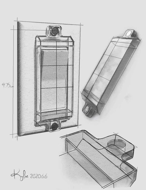 Concept sketches of Magnetic Switch Guards For Flat Rocker Switches White 4 Pack with dimensions labeled at 9.75.