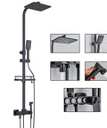 Dope Matte Black Outdoor Shower System With Thermostatic Control and Wall Mount Kit with rain shower head, hand sprayer, and shelf.