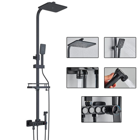 Dope Matte Black Outdoor Shower System With Thermostatic Control and Wall Mount Kit with rain shower head, hand sprayer, and shelf.