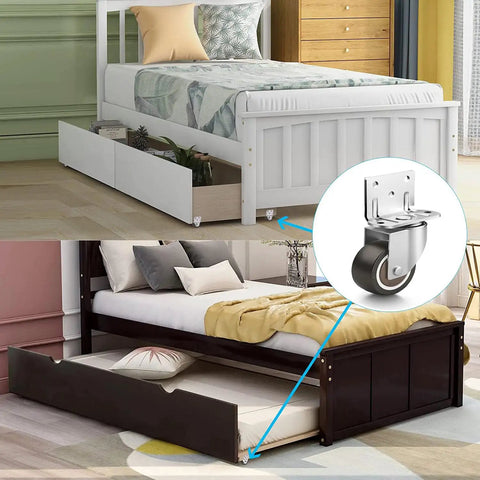 Ultra Smooth One Inch Side Mount Casters With Nifty L Plate Swivel Design on wooden beds for easy mobility.