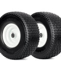 Flat Free Lawn Mower Tire And Wheel Set For Riding Mowers 15x6.00-6 15x6-6 NHS 550 Lb Dynamic Load Three Quarter Inch Bearings Three Inch Centered Hub Two Pack