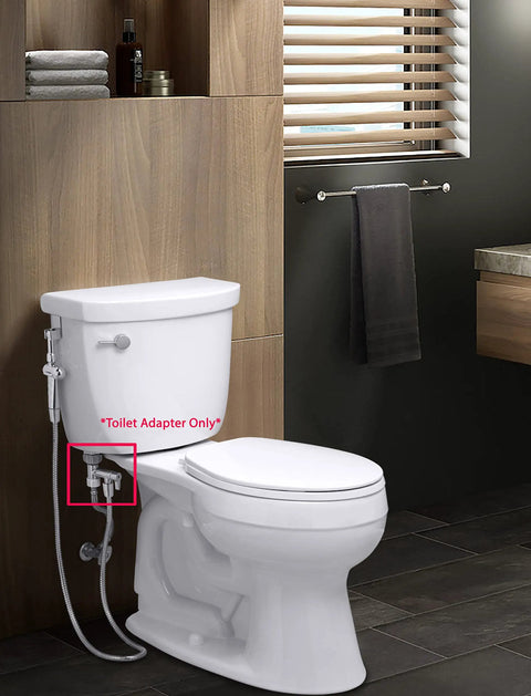 Bidet T Adapter With 3-Way Shut Off Valve For Toilet, 7/8 Inch Brass Tee Connector installed on white toilet