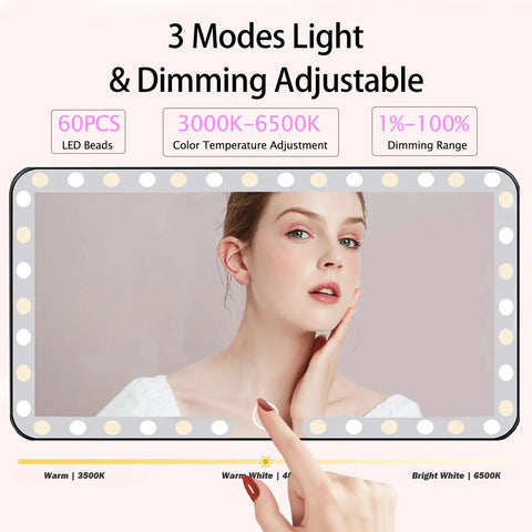 Illustration of Sun Visor Vanity Mirror With 60 LEDs And 3 Light Modes, rechargeable dimmable touch screen for cars, trucks, SUVs