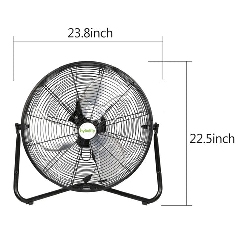 Front view of 20 Inch High Velocity Floor Fan With 3 Speed Control 4650 CFM Heavy Duty Industrial Metal Shop Fan, measurement shown.